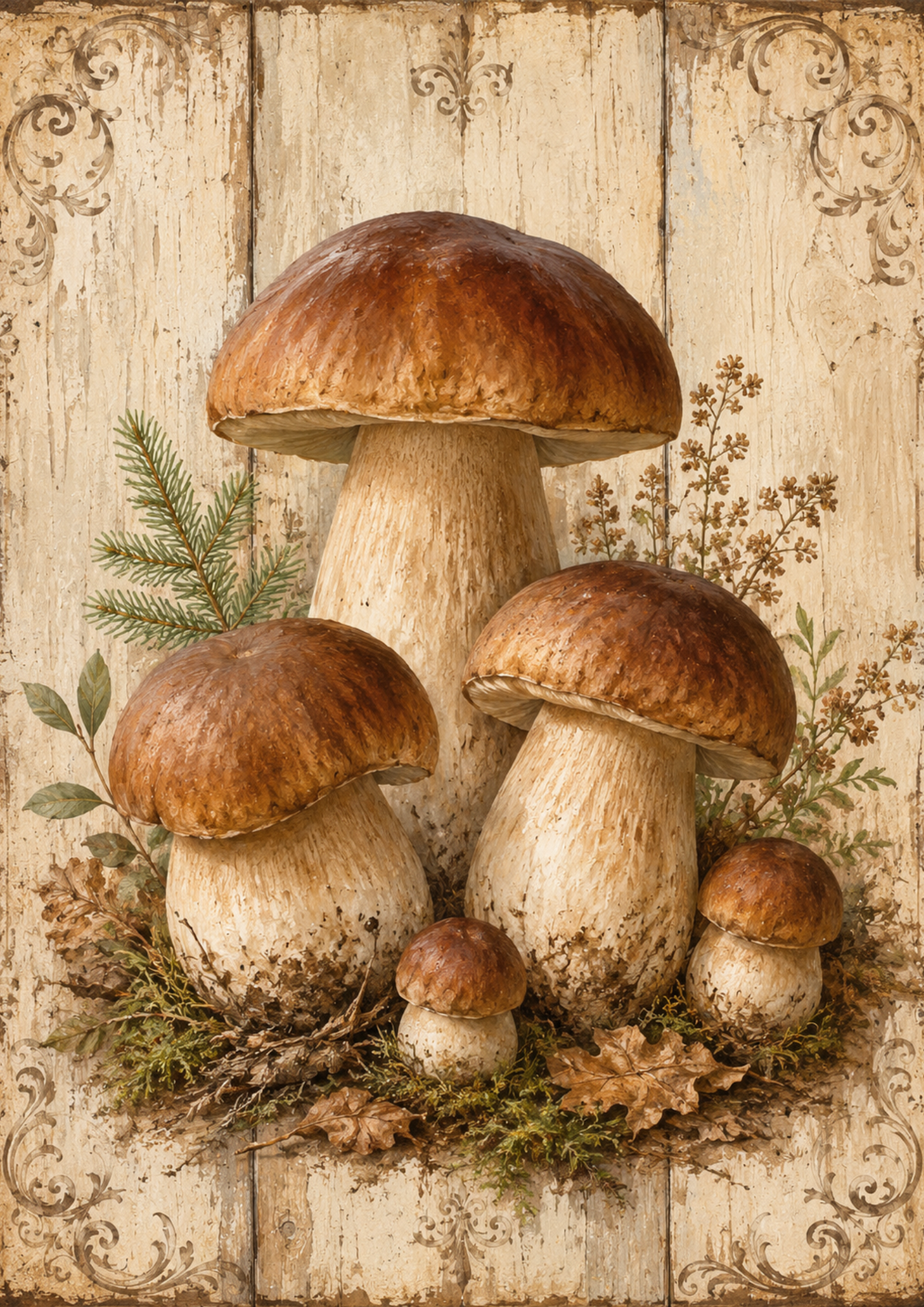 Rice Paper For Decoupage Porcini Mushrooms on Wooden Board Full  Cat. No. 9488