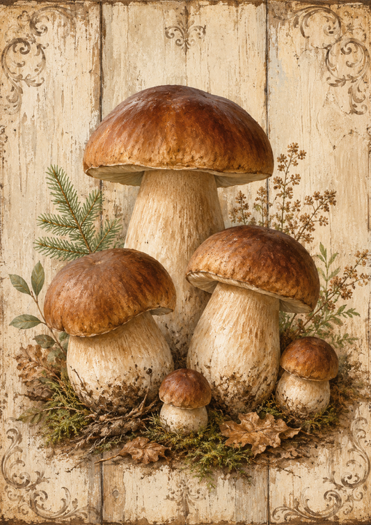 Rice Paper For Decoupage Porcini Mushrooms on Wooden Board Full  Cat. No. 9488
