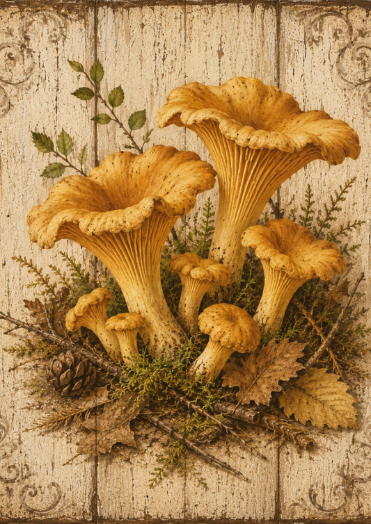Rice Paper For Decoupage Golden Chanterelle Mushrooms on Wooden Board Full  Cat. No. 9490