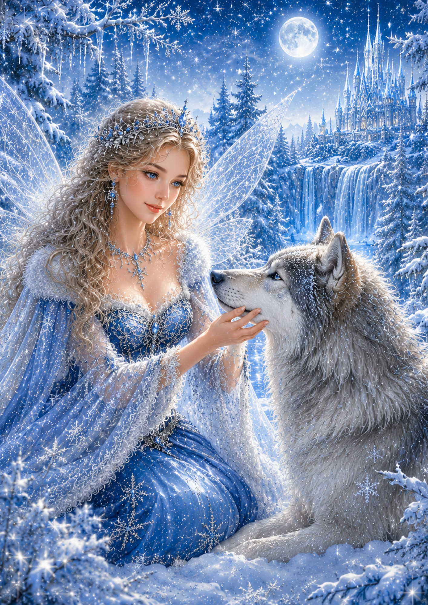 Rice Paper For Decoupage Beautiful Fairy with Wolf in Winter Wonderland Collage Cat. No. 9506