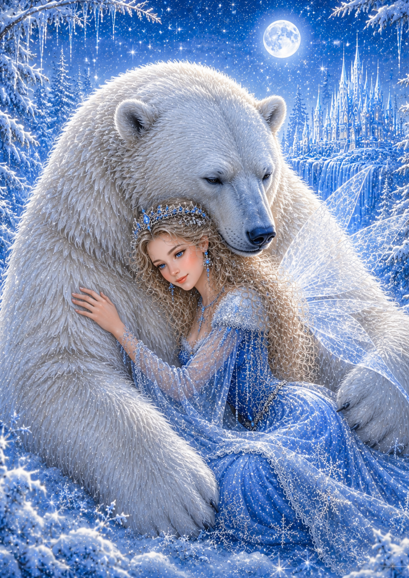 Rice Paper For Decoupage Beautiful Fairy with Polar Bear in Winter Wonderland Collage Cat. No. 9507