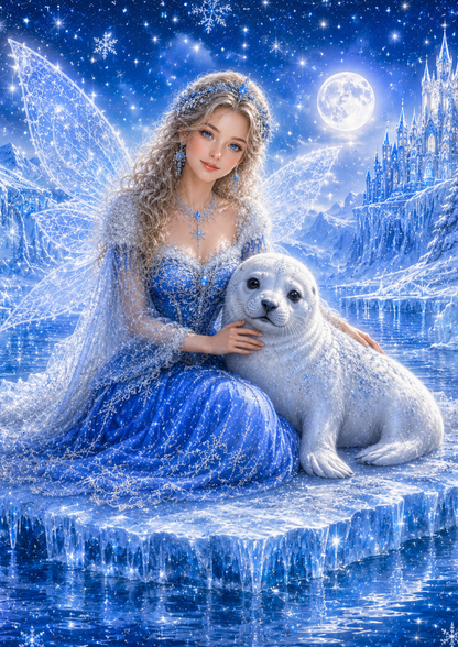 Rice Paper For Decoupage Beautiful Fairy with White Seal in Winter Wonderland Collage Cat. No. 9508