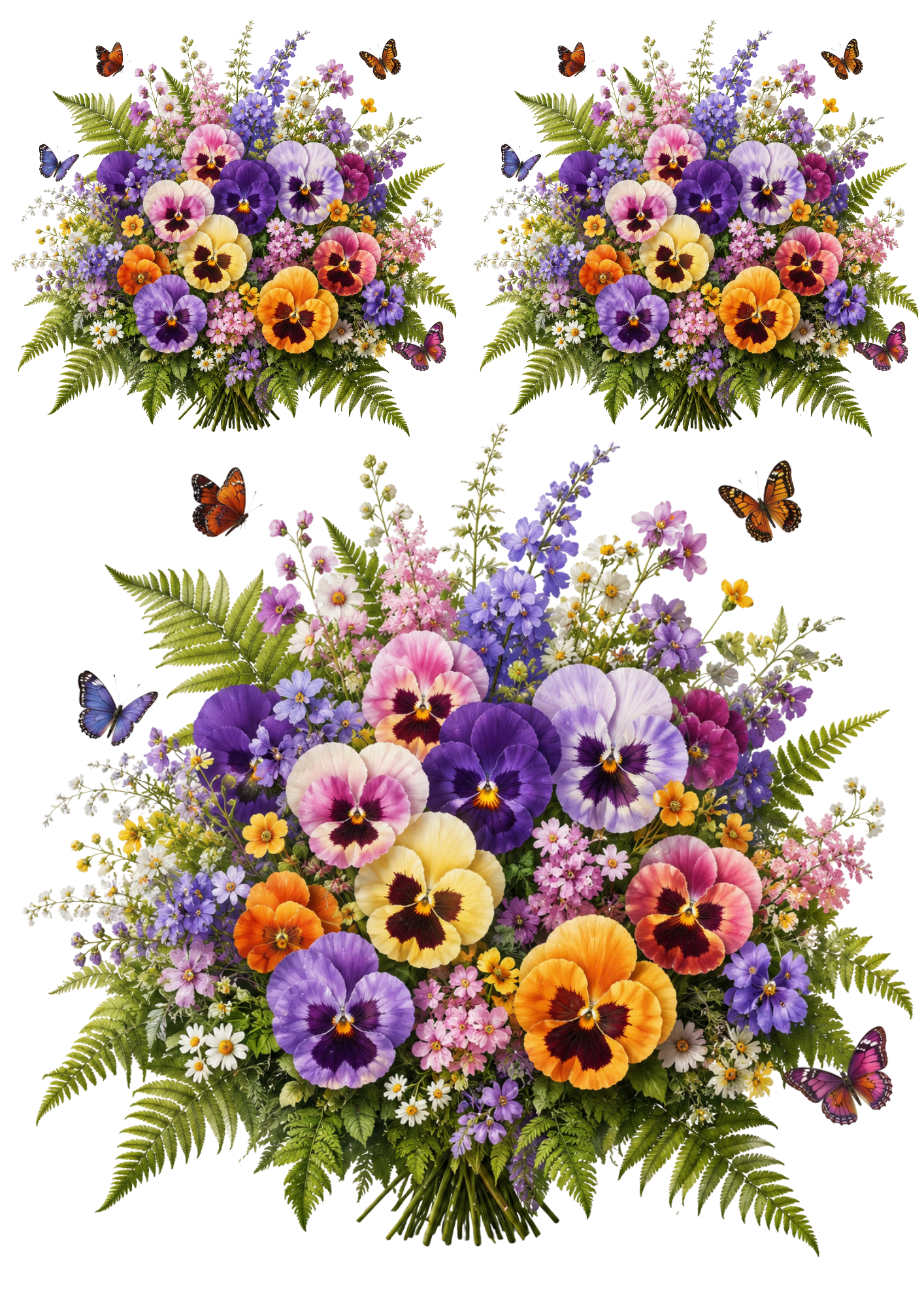 Rice Paper For Decoupage Pansies, Fern & Butterflies Collage  Cat. No. 9511