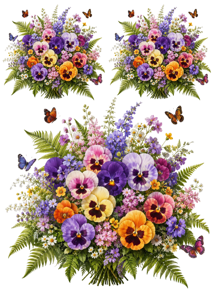 Rice Paper For Decoupage Pansies, Fern & Butterflies Collage  Cat. No. 9511
