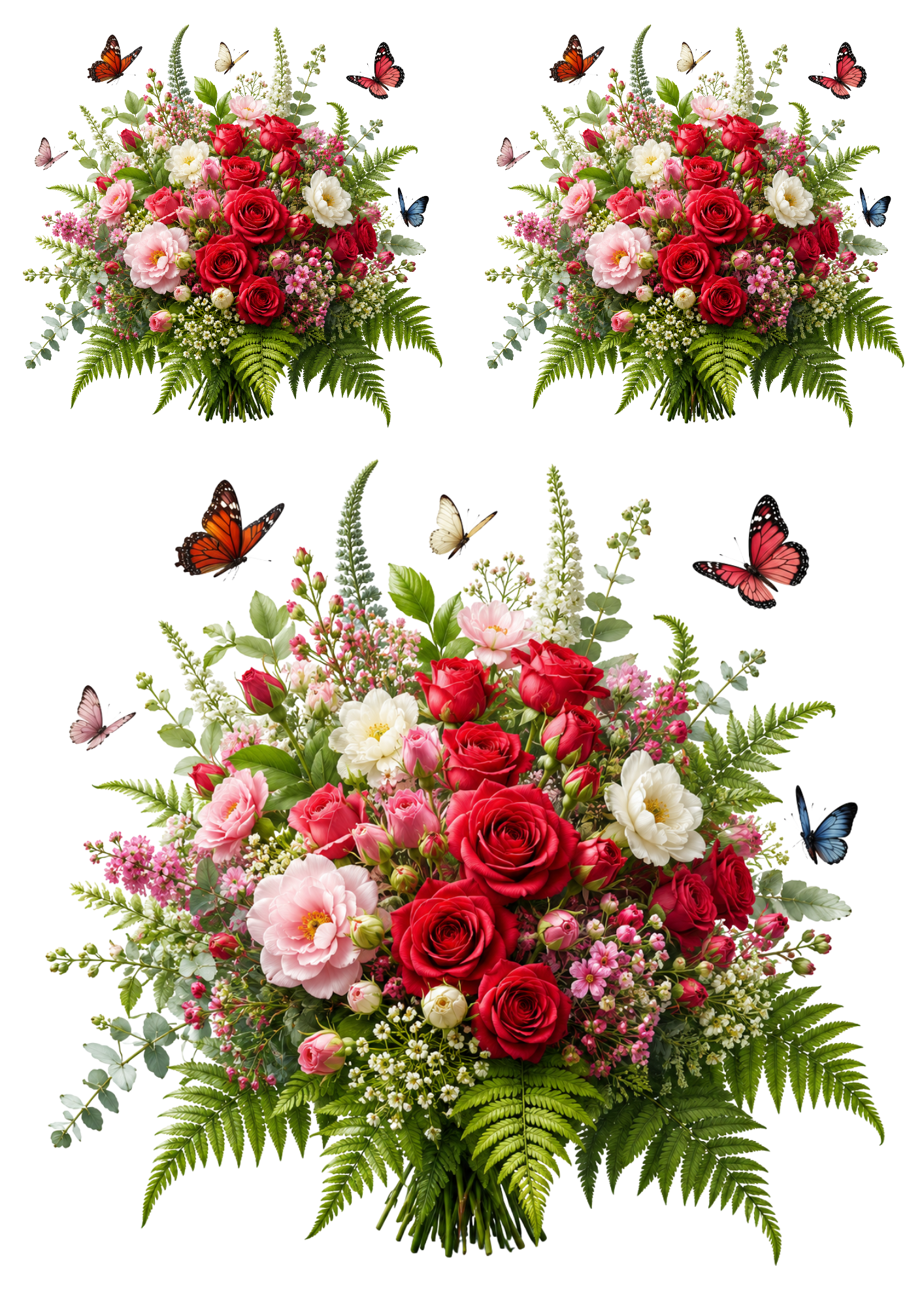 Rice Paper For Decoupage Vibrant Red Roses , Fern & Butterflies Collage  Cat. No. 9512