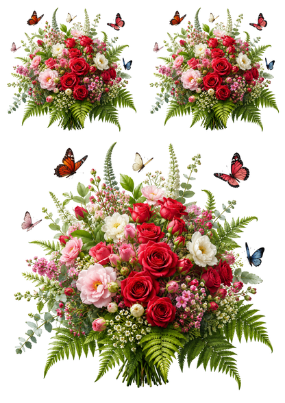 Rice Paper For Decoupage Vibrant Red Roses , Fern & Butterflies Collage  Cat. No. 9512