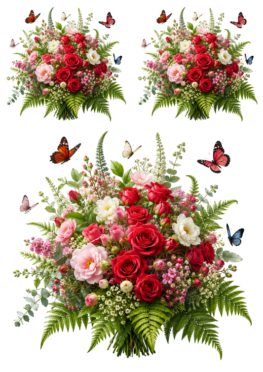 Rice Paper For Decoupage Vibrant Red Roses , Fern & Butterflies Collage  Cat. No. 9512