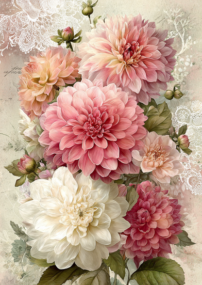 Rice Paper For Decoupage Soft Pastel Dahlias  Full  Cat. No. 9517