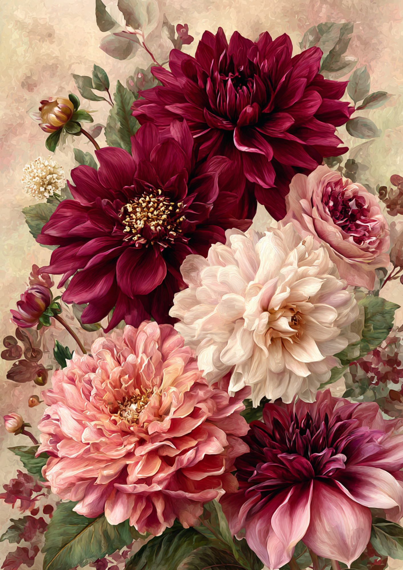 Rice Paper For Decoupage Deep Burgundy Dahlias  Full  Cat. No. 9521