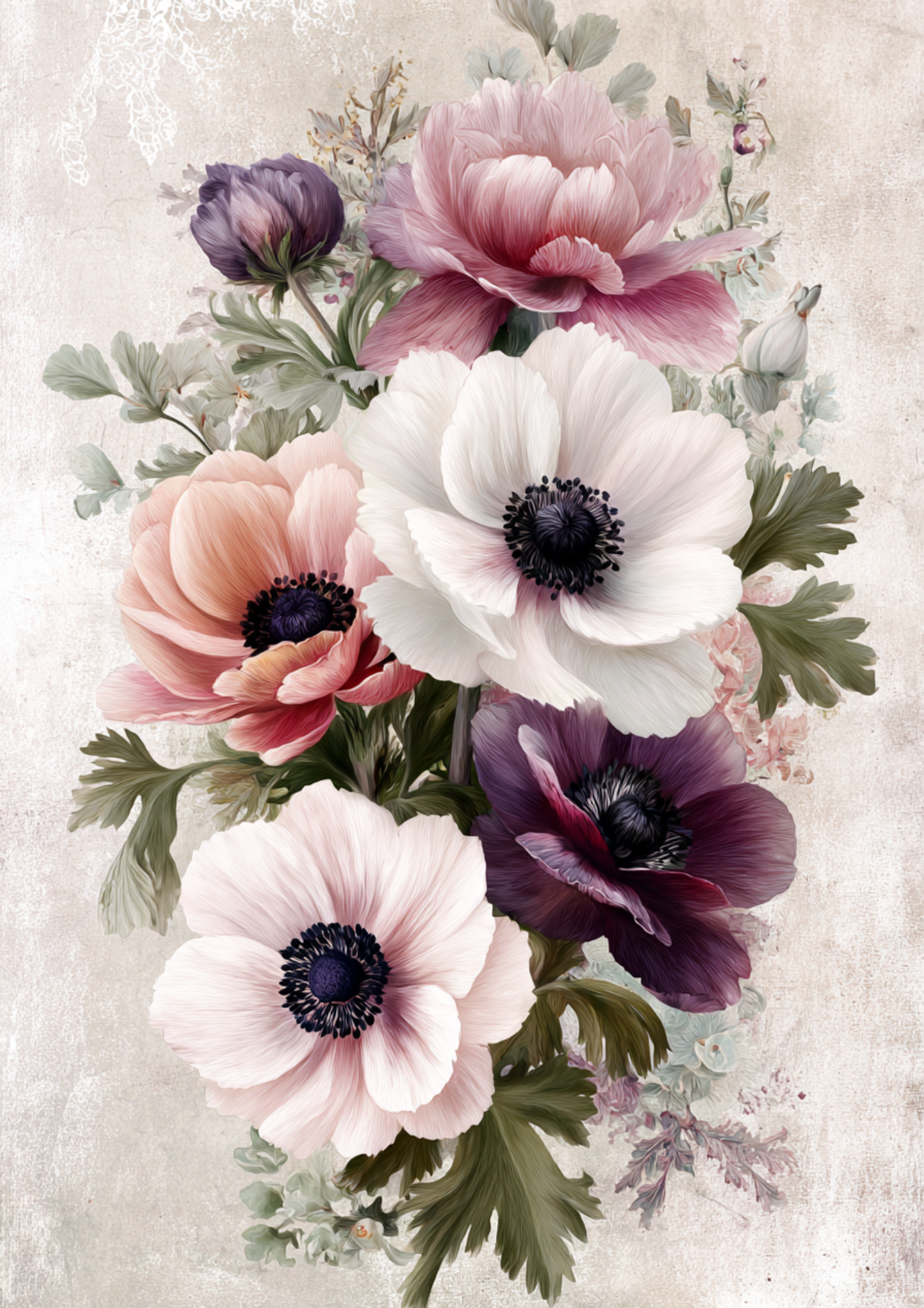 Rice Paper For Decoupage Pastel Anemones  Full  Cat. No. 9524