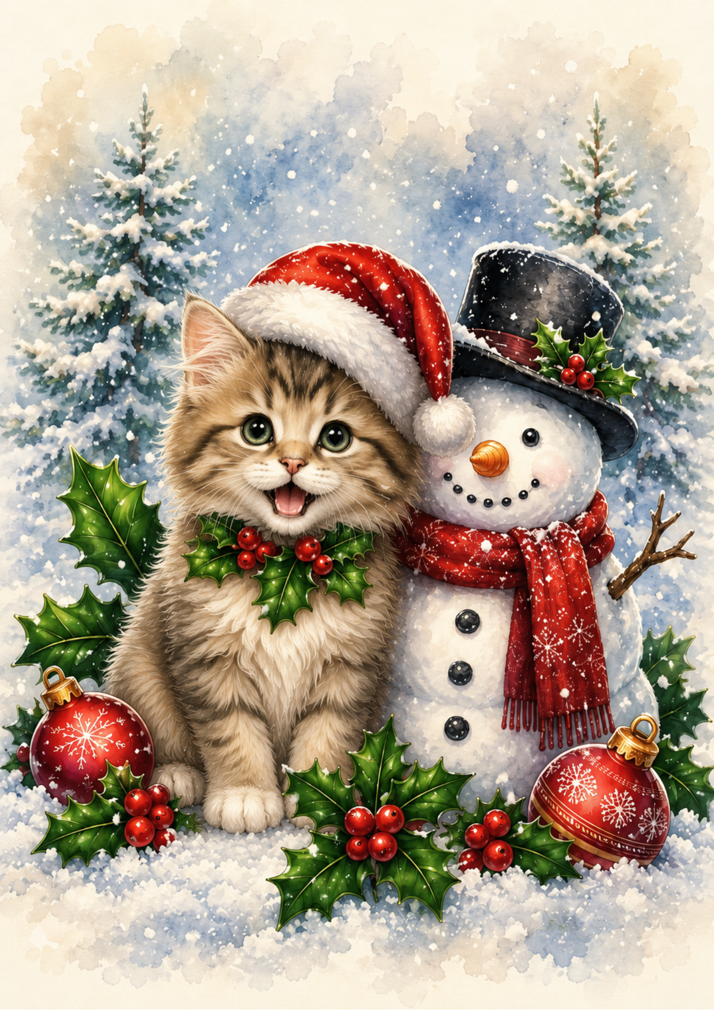Rice Paper For Decoupage Festive Kitten & Snowman Full  Cat. No. 9550