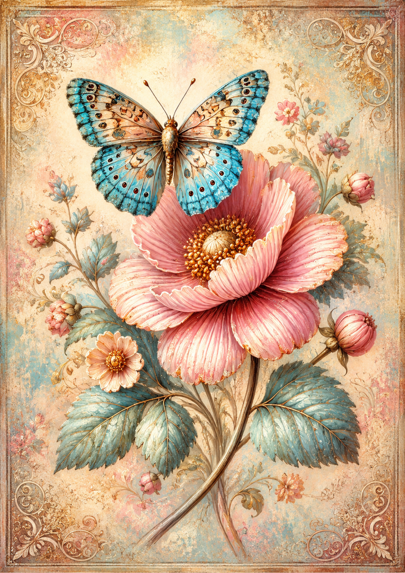 Rice Paper For Decoupage Beautiful Flower & Butterfly Full  Cat. No. 9553