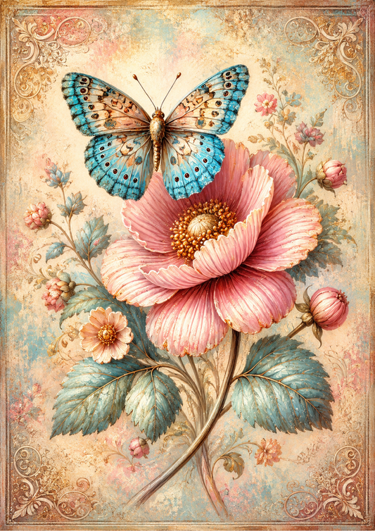 Rice Paper For Decoupage Beautiful Flower & Butterfly Full  Cat. No. 9553