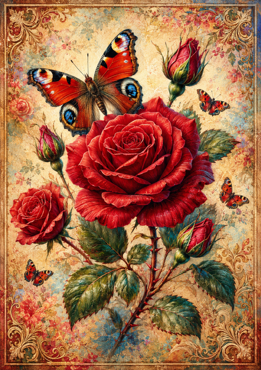 Rice Paper For Decoupage Red Rose & Butterfly Full  Cat. No. 9554