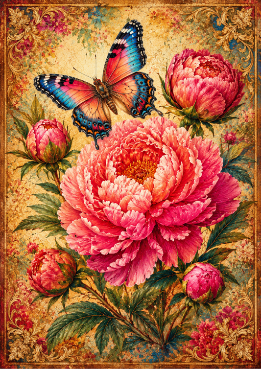 Rice Paper For Decoupage Pink Peony & Butterfly Full  Cat. No. 9555