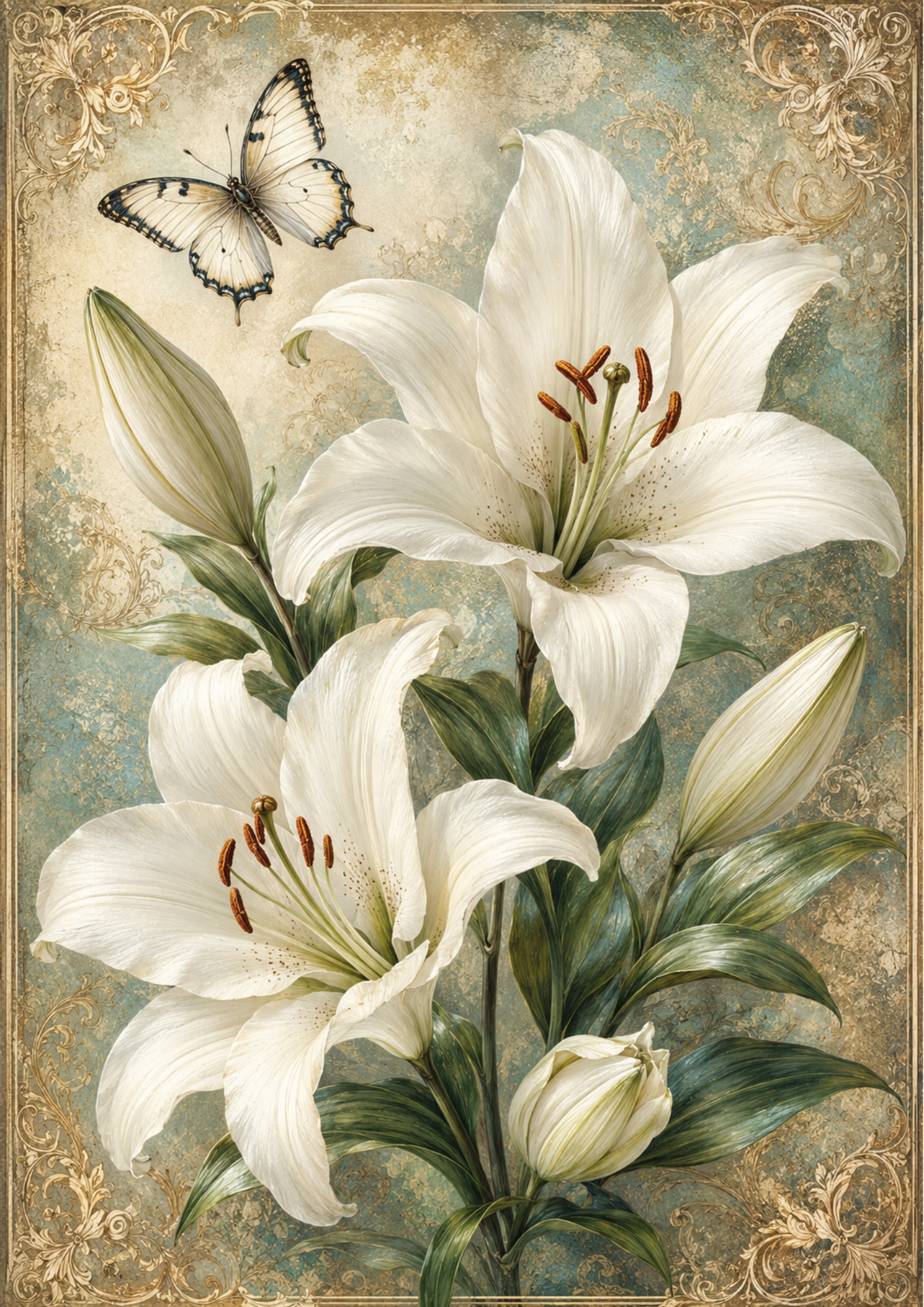 Rice Paper For Decoupage White Lily & Butterfly Full  Cat. No. 9556