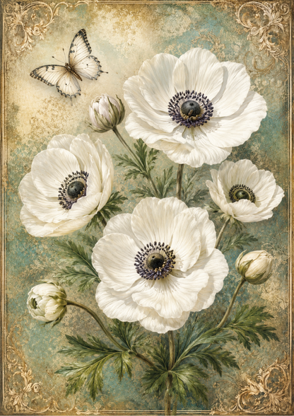Rice Paper For Decoupage White Anemone & Butterfly Full  Cat. No. 9557