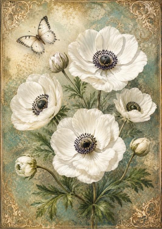 Rice Paper For Decoupage White Anemone & Butterfly Full  Cat. No. 9557