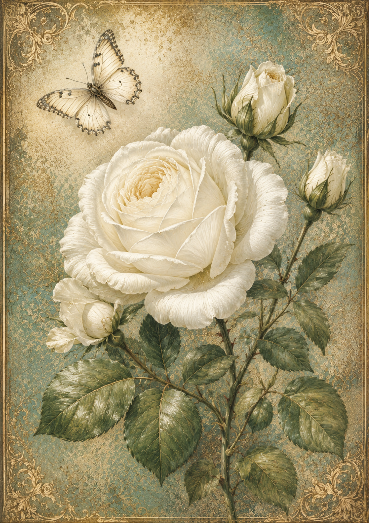 Rice Paper For Decoupage White Rose & Butterfly Full  Cat. No. 9558
