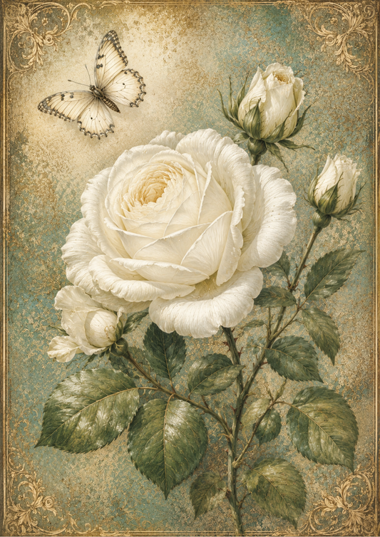 Rice Paper For Decoupage White Rose & Butterfly Full  Cat. No. 9558
