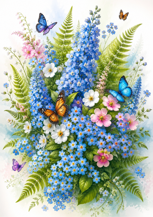 Rice Paper For Decoupage Do Not Forget Me Not Flowers & Butterflies Full  Cat. No. 9560