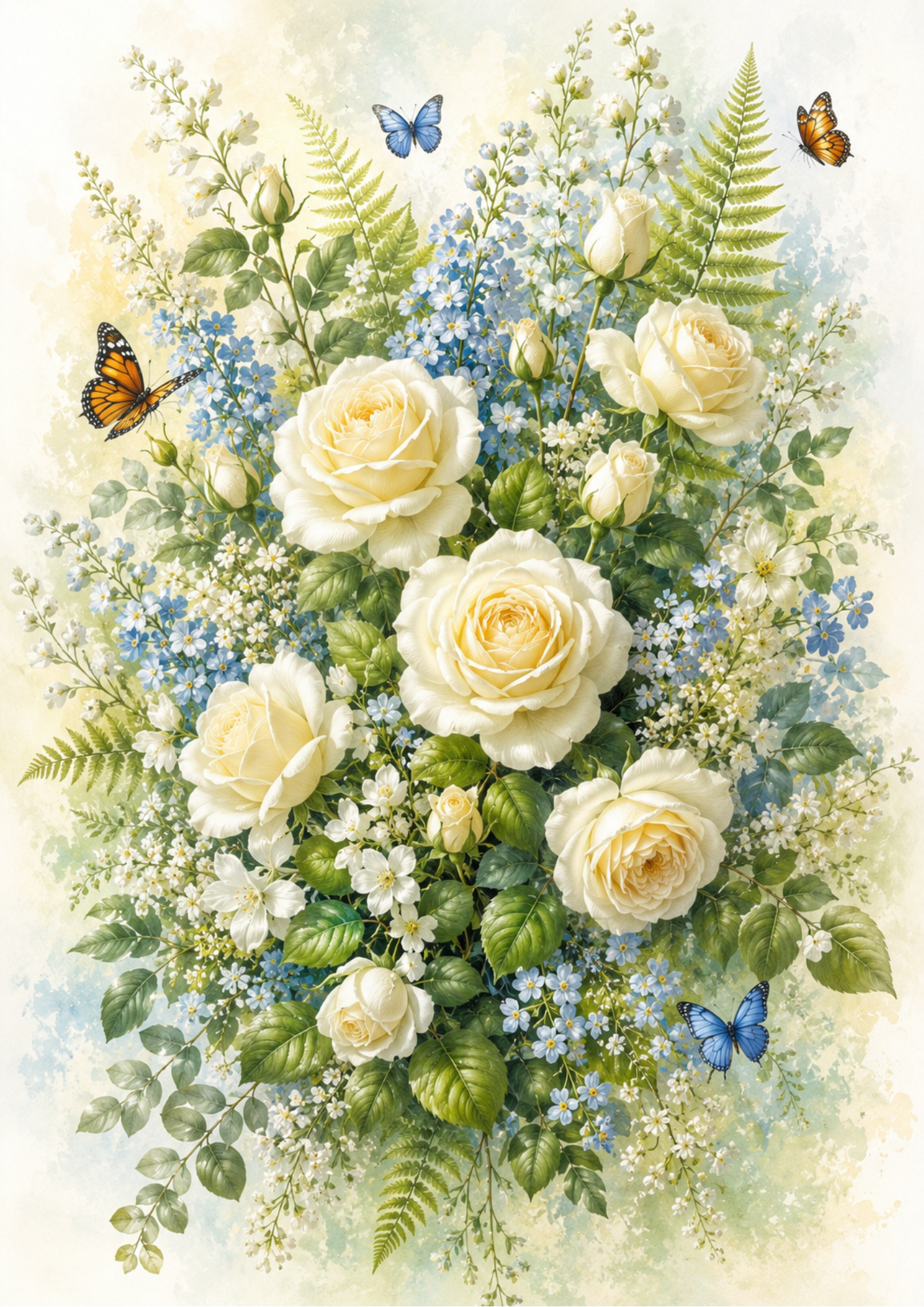 Rice Paper For Decoupage Delicate White Roses & Butterflies Full  Cat. No. 9561