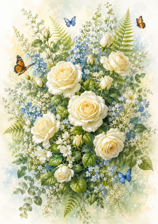 Rice Paper For Decoupage Delicate White Roses & Butterflies Full  Cat. No. 9561