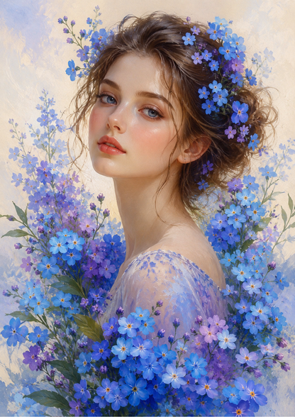 Rice Paper For Decoupage Blue Floral Girl Portrait Full  Cat. No. 9566