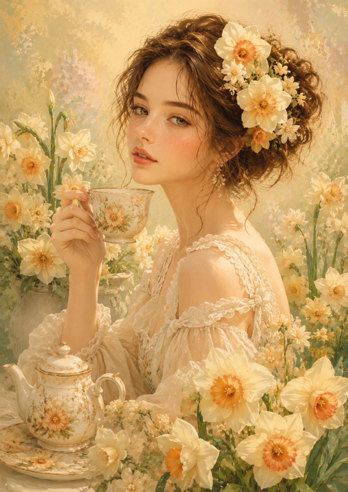 Rice Paper For Decoupage Beautiful Girl & Daffodills Full  Cat. No. 9573