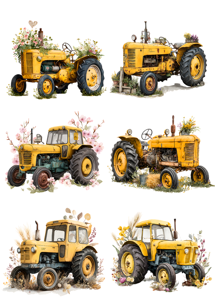 Rice Paper For Decoupage Yellow Tractor Collage  Cat. No. 9601