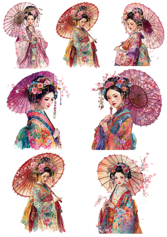 Rice Paper For Decoupage Beautiful Geisha with Umbrella Collage  Cat. No. 9605