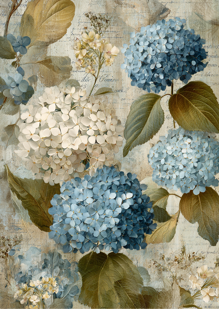 Rice Paper For Decoupage  Blue Hydrangea Background Full  Cat. No. 9642