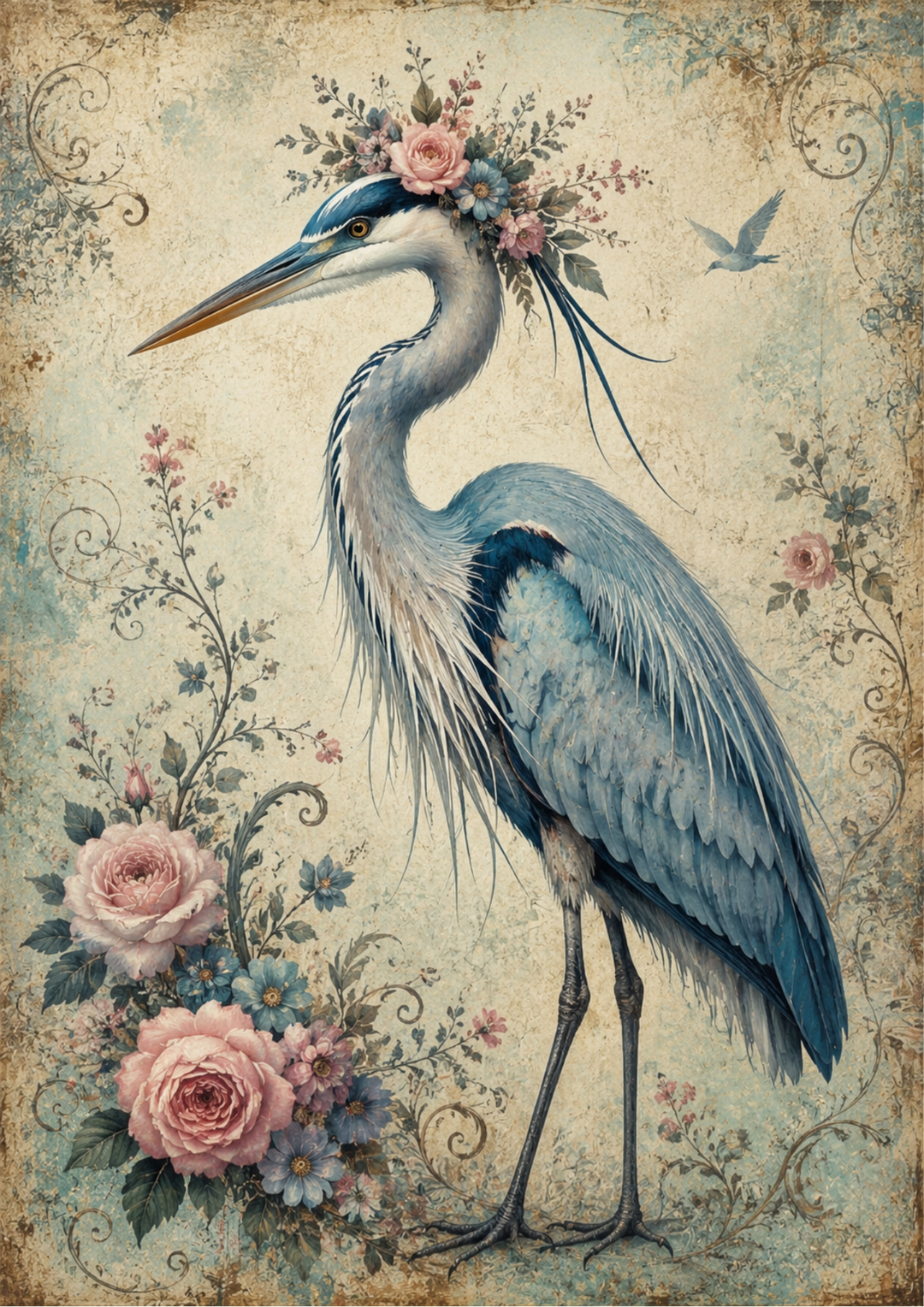 Rice Paper For Decoupage Vintage Blue Heron Full  Cat. No. 9713