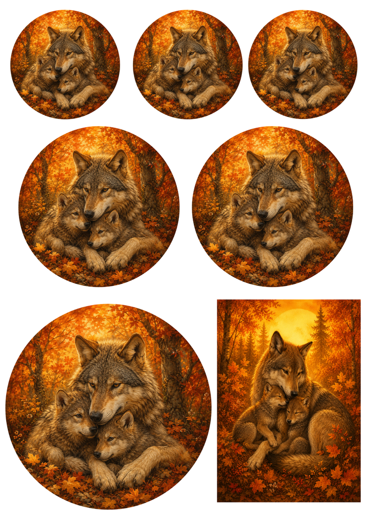 Rice Paper For Decoupage Wolf Family in Autumn Forest Collage Cat. No. 9741