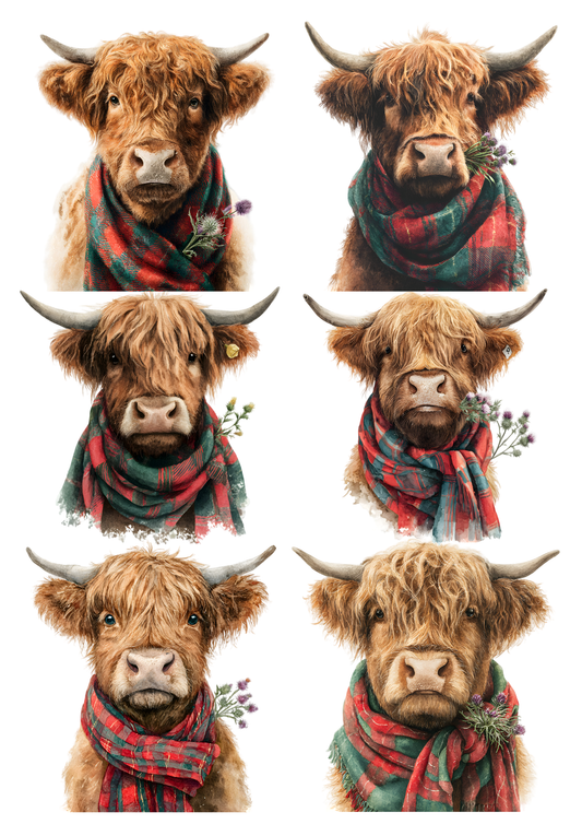 Rice Paper For Decoupage Highland Cow with Tartan Scarf Collage Cat. No. 9748
