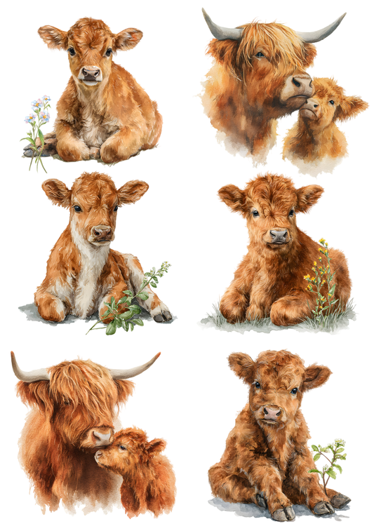 Rice Paper For Decoupage Highland Cow Calf Collage Cat. No. 9749