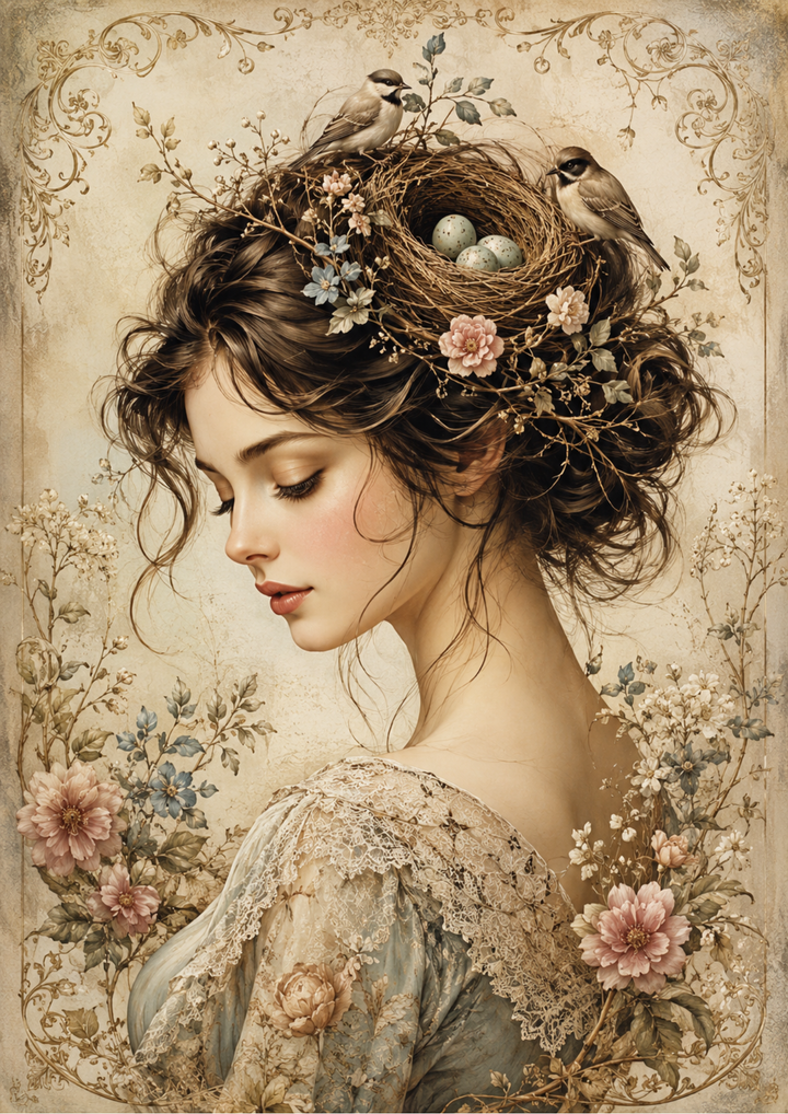 Rice Paper For Decoupage Woman with Bird Nest in Her Hair Full Cat. No. 9776