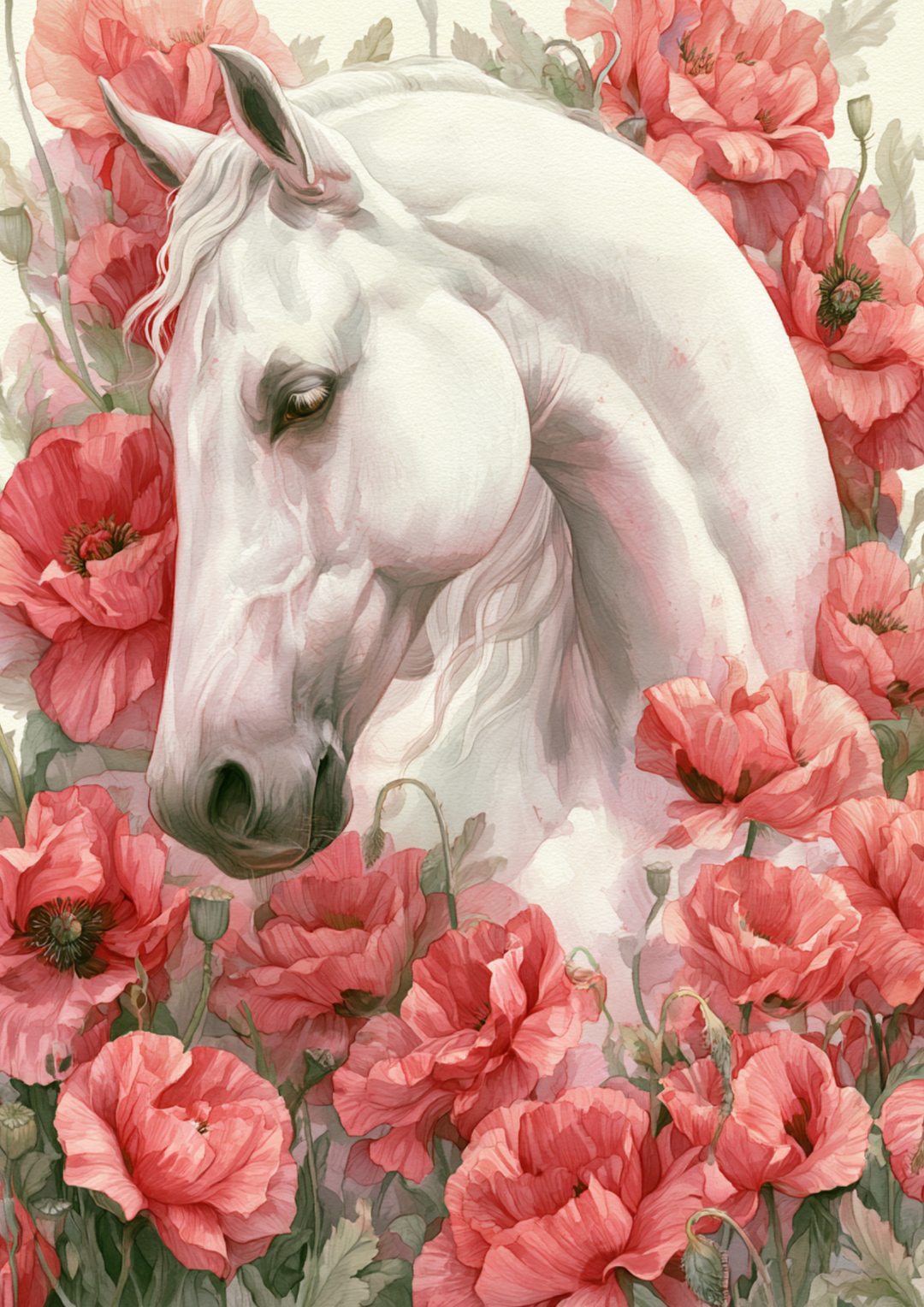 Rice Paper For Decoupage White Horse in Poppies Full Cat. No. 9805