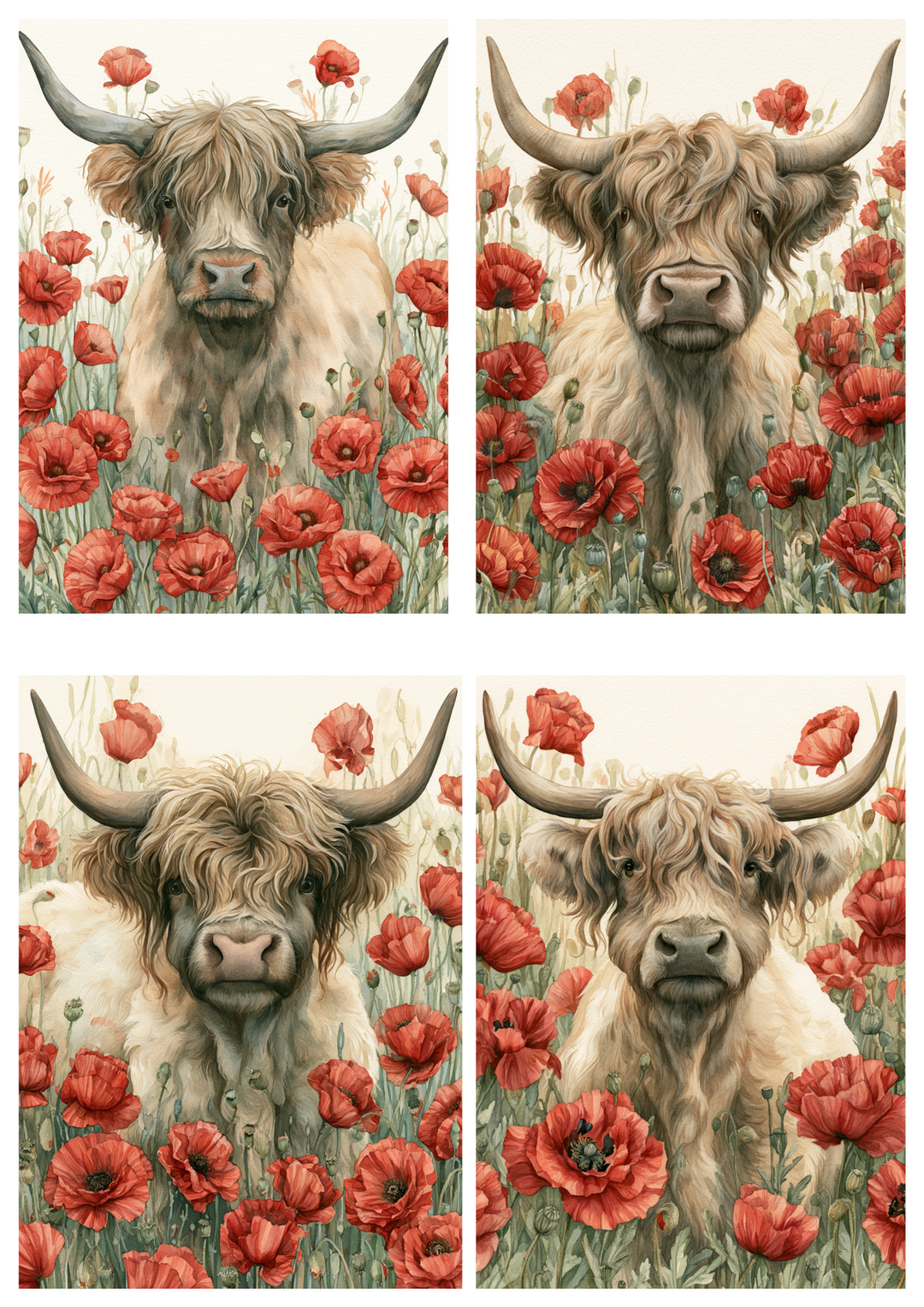 Rice Paper For Decoupage Highland Cow in Poppies Collage Cat. No. 9806