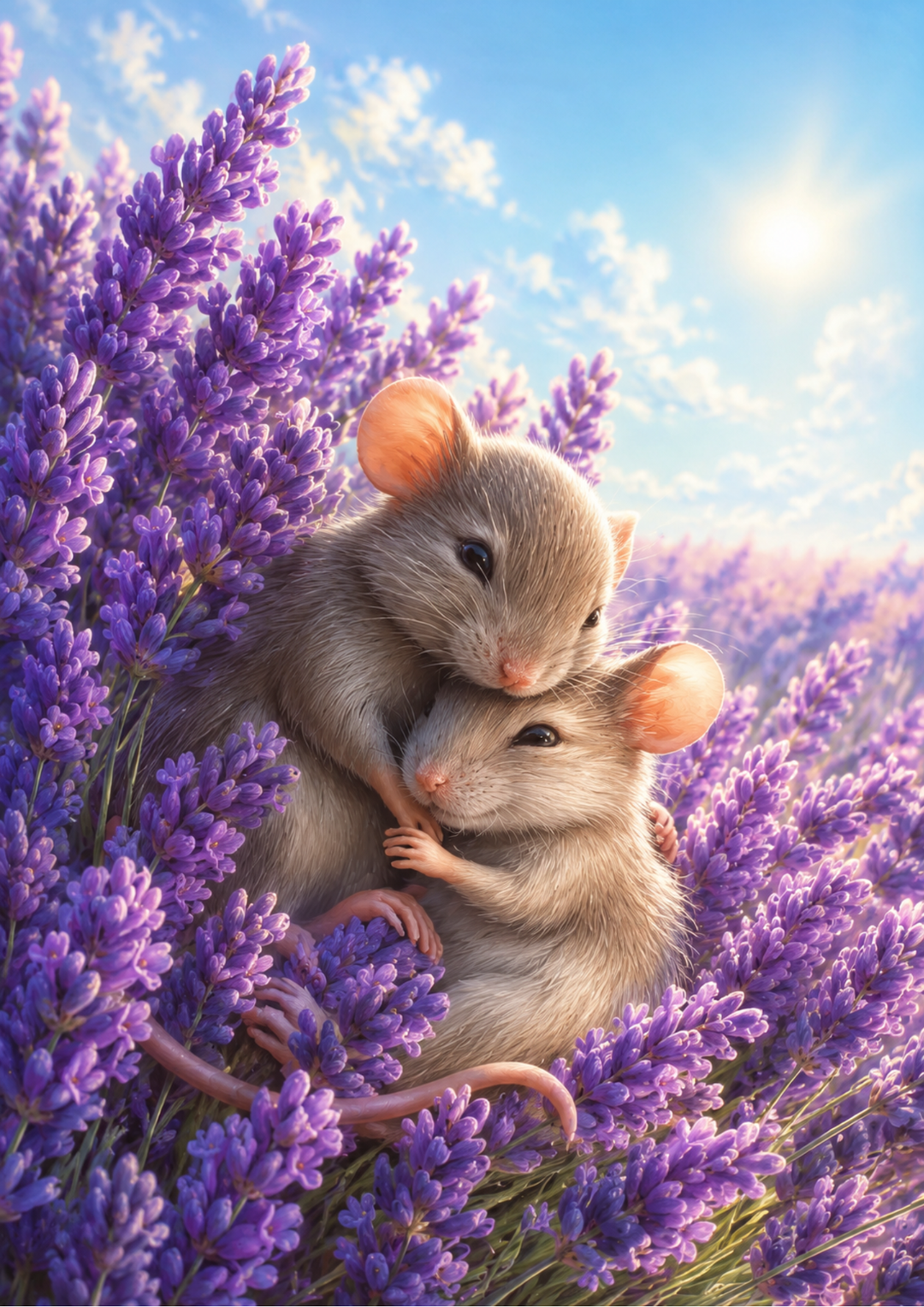 Rice Paper For Decoupage Two Mice Hugging in Lavender Field Full Cat. No. 9850