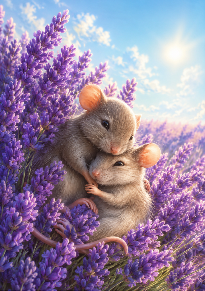 Rice Paper For Decoupage Two Mice Hugging in Lavender Field Full Cat. No. 9850