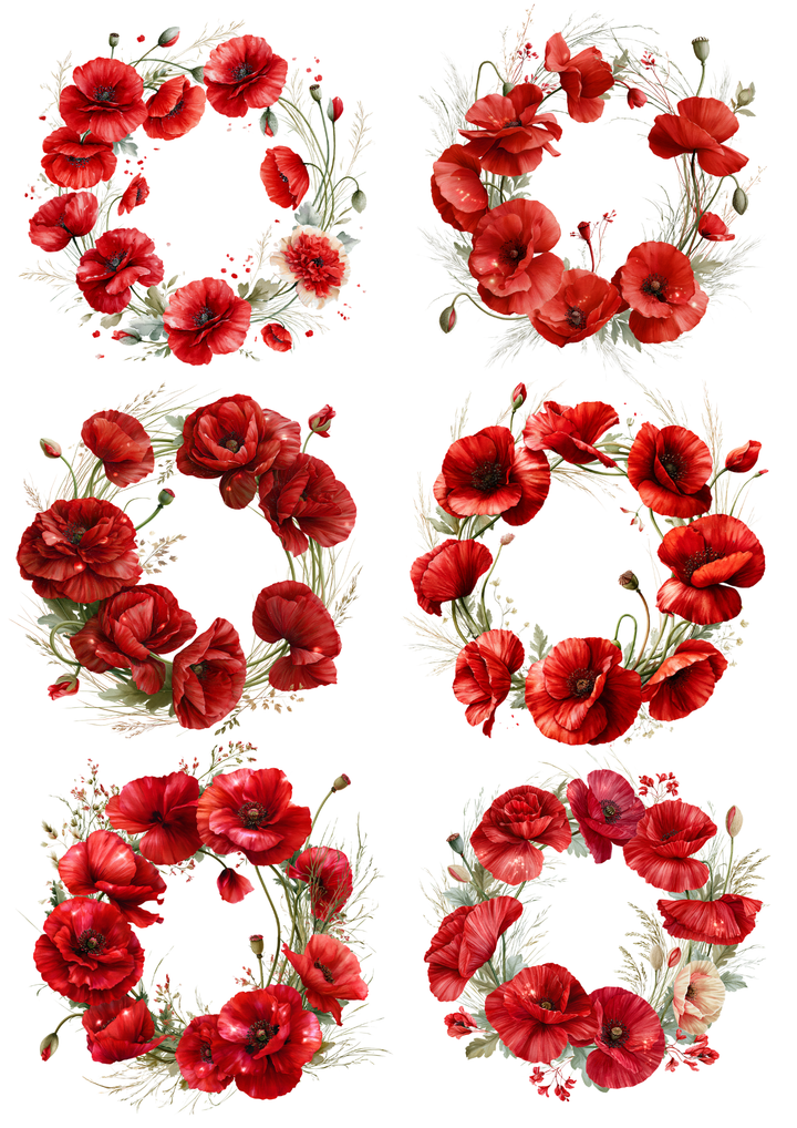 Rice Paper For Decoupage Red Poppies Wreath Collage Cat. No. 9877