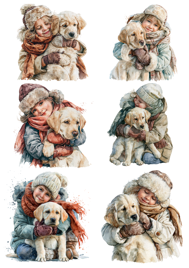Rice Paper For Decoupage  Girl Hugging Labrador / Winter Scene Collage Cat. No. 9883