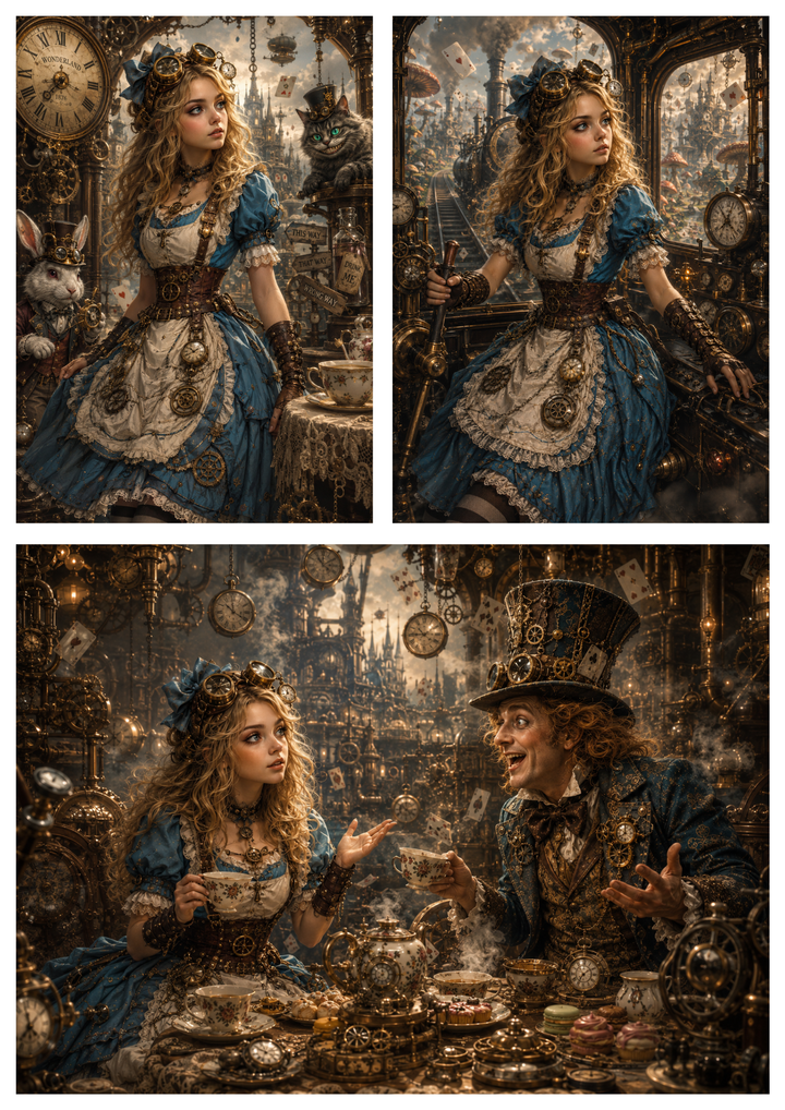 Rice Paper For Decoupage Steampunk Alice Collage Cat. No. 9949