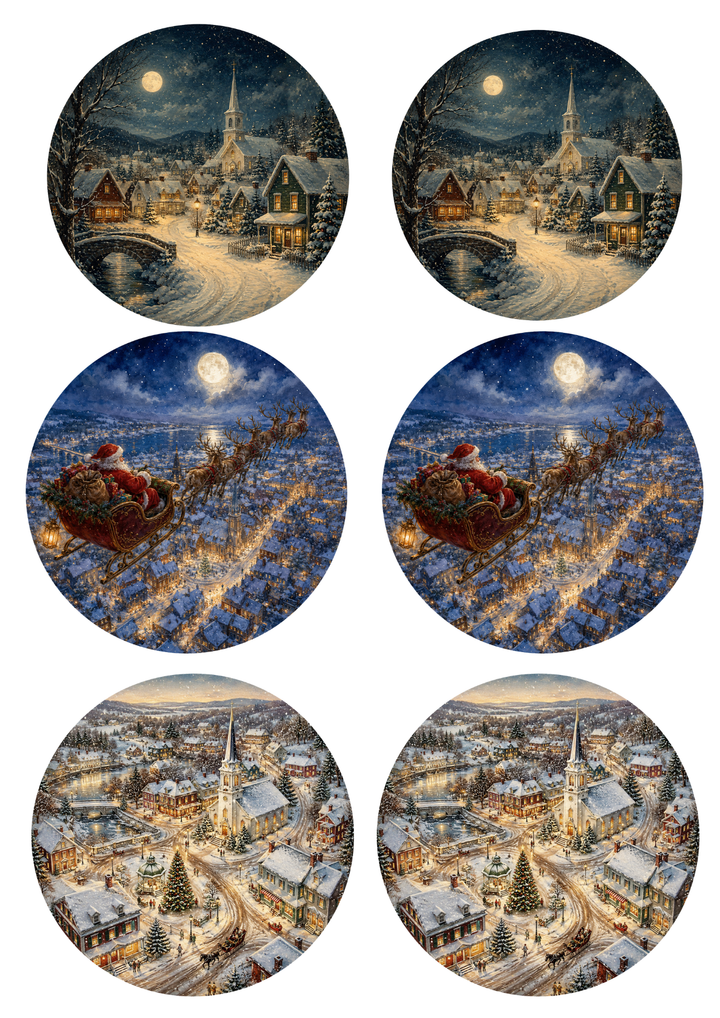 Rice Paper For Decoupage Christmas in Village Circle Collage Cat. No. 9952