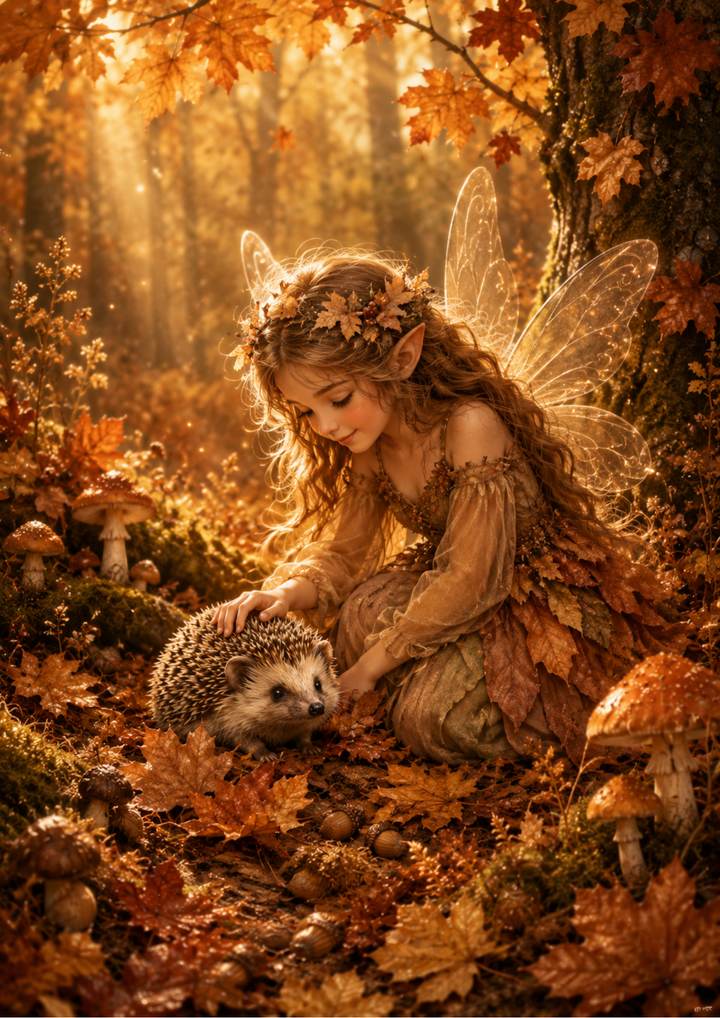 Rice Paper For Decoupage Autumn Fairy &amp; Hedhehog Full  Cat. No. 9958