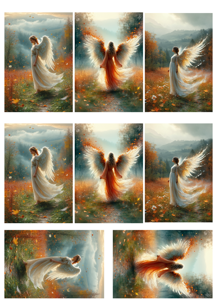 Rice Paper For Decoupage Angel Among Falling Leaves Collage  Cat. No. 9977