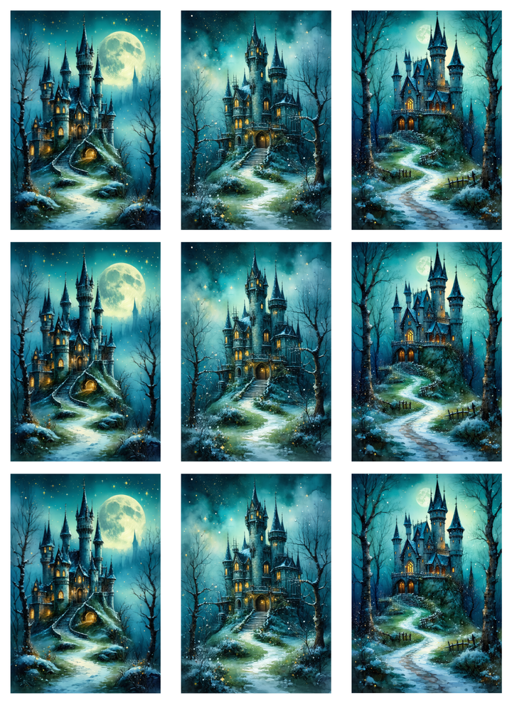 Rice Paper For Decoupage  Mystic Blue Castle Collage Cat. No. 9991