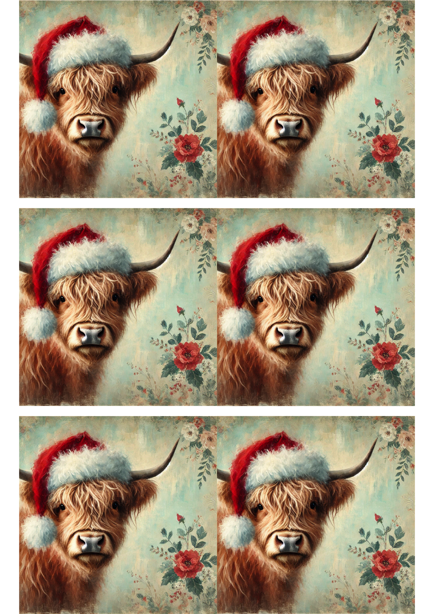 Rice Paper For Decoupage Highland Cow in Christmas Hat Collage Cat. No. 2809