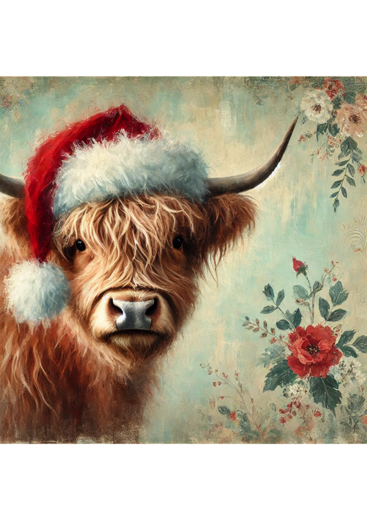 Rice Paper For Decoupage Highland Cow in Christmas Hat Full Cat. No. 2810